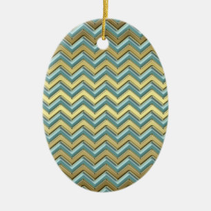 Gold and Teal Chevron Pattern Ceramic Tree Decoration