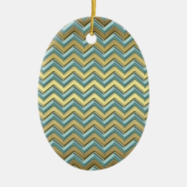 Gold and Teal Chevron Pattern Ceramic Tree Decoration (Front)