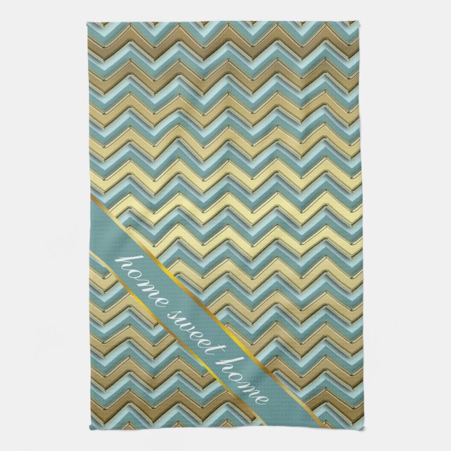 Gold and Teal Chevron Pattern Tea Towel (Vertical)