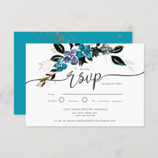 Gold and teal, dramatic floral invitation