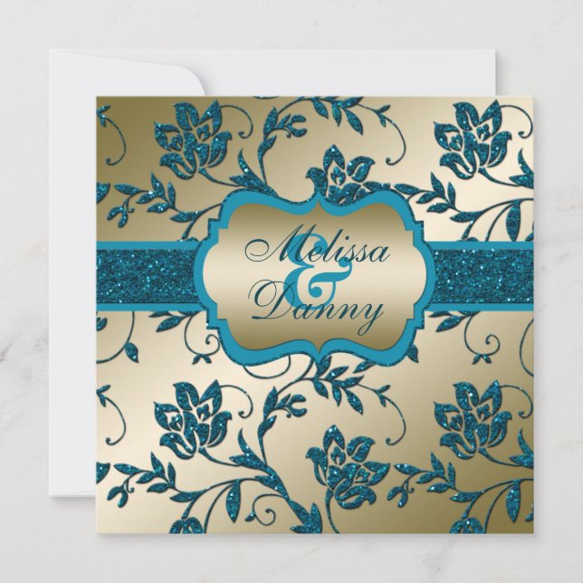 Gold and Teal FAUX Glitter Floral Engagement Party Invitation (Front)