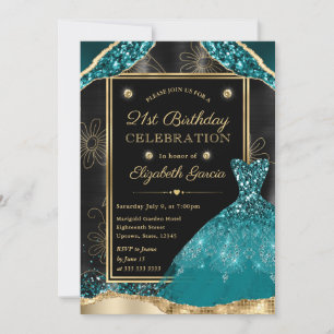 Gold and Teal Glitter Dress 21st Birthday Invitation