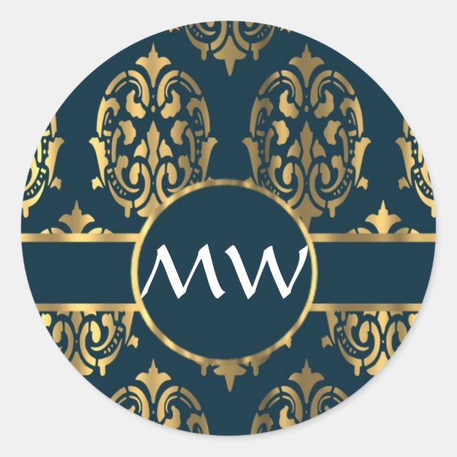 Gold and teal green damask pattern classic round sticker (Front)