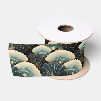 Gold and Teal Japanese-inspire Fan Patterned Satin Ribbon