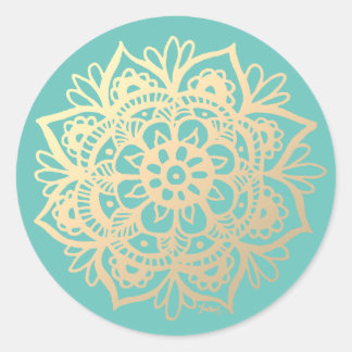 Gold and Teal Mandala Flower Classic Round Sticker