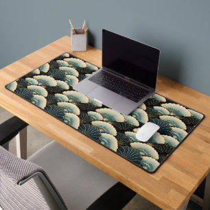 Gold and Teal Patterned Japanese-inspire Fan Motif Desk Mat