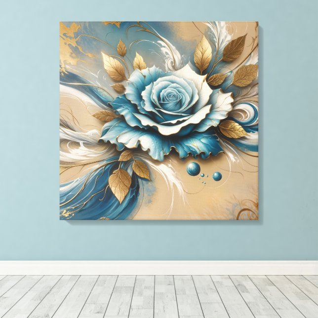 Gold and Teal Rose Canvas Print (Insitu(Wood Floor))