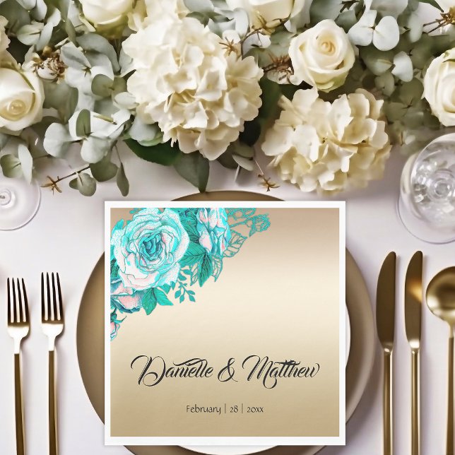 Gold and Teal Roses Wedding Napkin (Creator Uploaded)