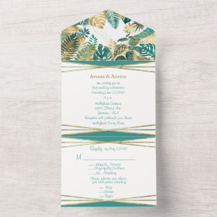 Gold and Teal Tropical Leaf All In One Invitation