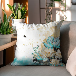 Gold And Teal Watercolor Flowers  Cushion