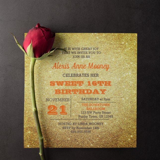 Gold and Topaz Orange Glitter Sweet 16 Invitation (Creator Uploaded)