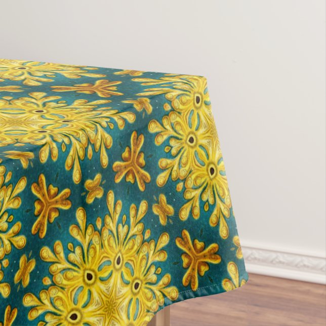 Gold and turquoise blue vintage star pattern tablecloth (In Situ)