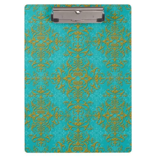 Gold and Turquoise Damask Style Pattern Clipboard (Front)