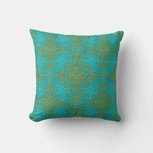 Gold and Turquoise Damask Style Pattern Cushion