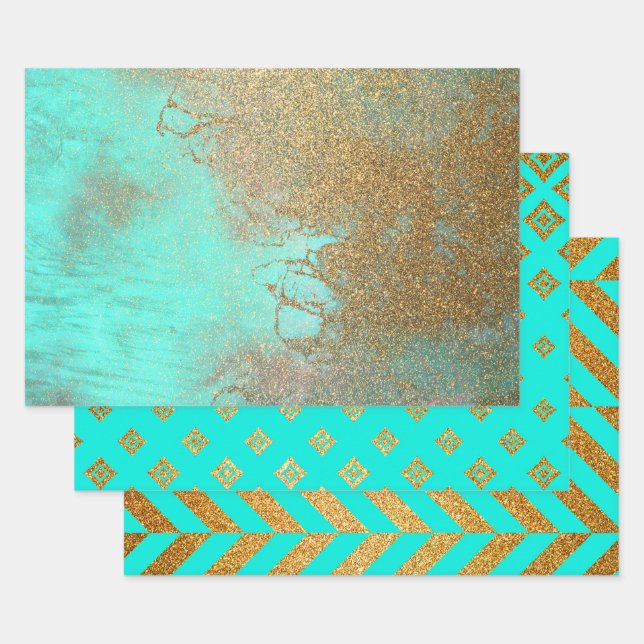 Gold and Turquoise Designs Wrapping Paper Sheet (Set)