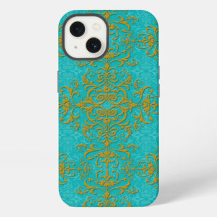 Gold and Turquoise Floral Damask Style Pattern iPhone 13 Case