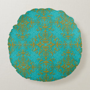 Gold and Turquoise Floral Damask Style Pattern Round Cushion