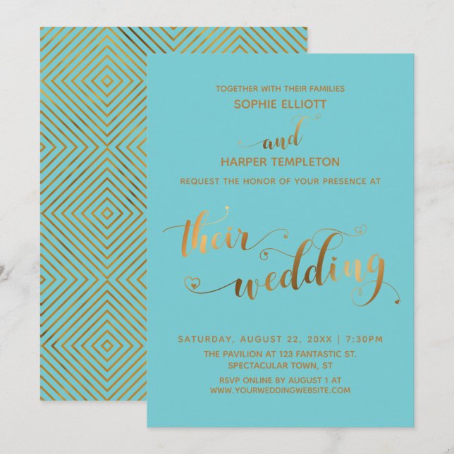 Gold and Turquoise Their Wedding Hearts Script Invitation (Front/Back)