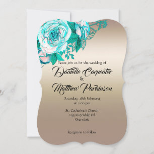 Gold and Turquoise Watercolor Roses Wedding Invitation