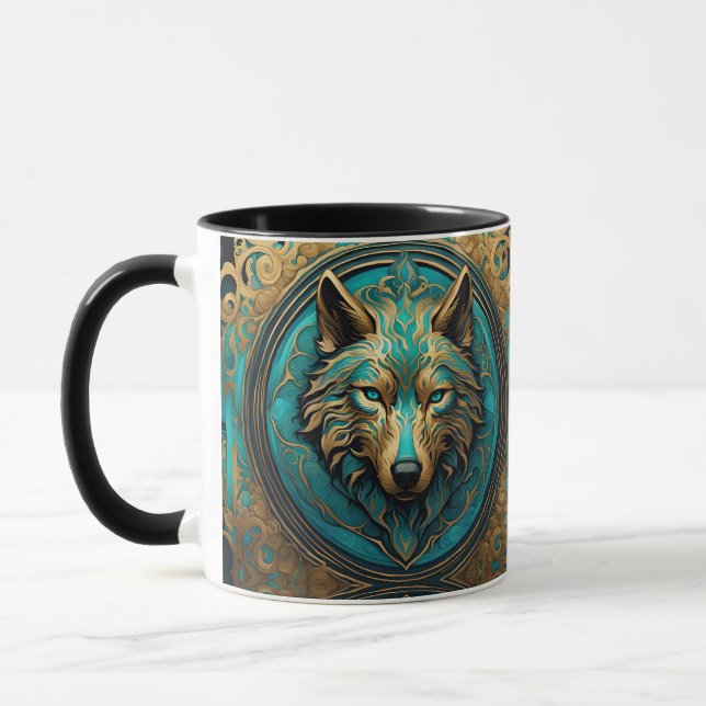 Gold and Turquoise Wolf Head Mug (Left)