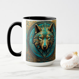 Gold and Turquoise Wolf Head Mug