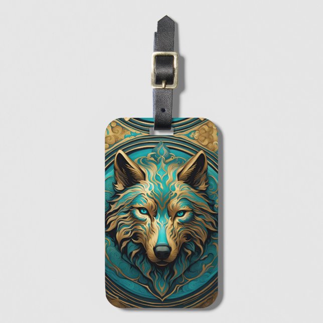 Gold and Turquoise Wolf Luggage Tag (Front Vertical)