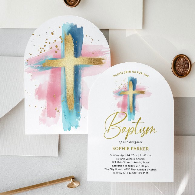 Gold and Watercolor Cross | Baptism Invitation (Creator Uploaded)
