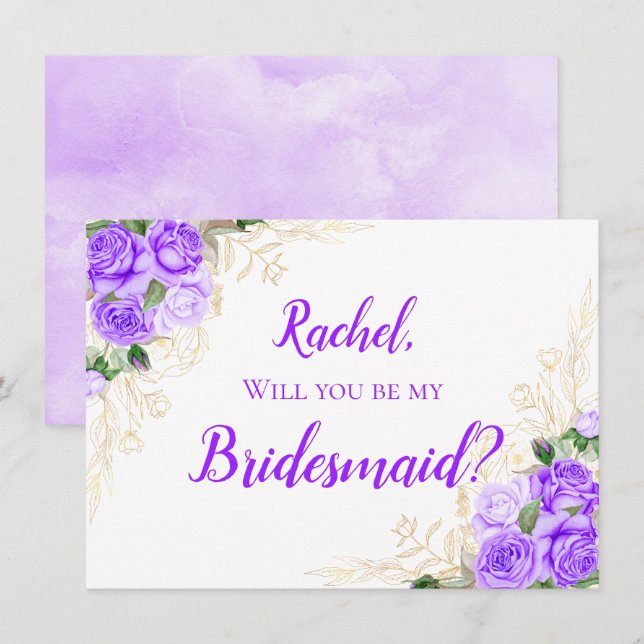 Gold and Watercolor Floral Purple Roses Bridesmaid Invitation (Front/Back)