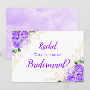 Gold and Watercolor Floral Purple Roses Bridesmaid Invitation