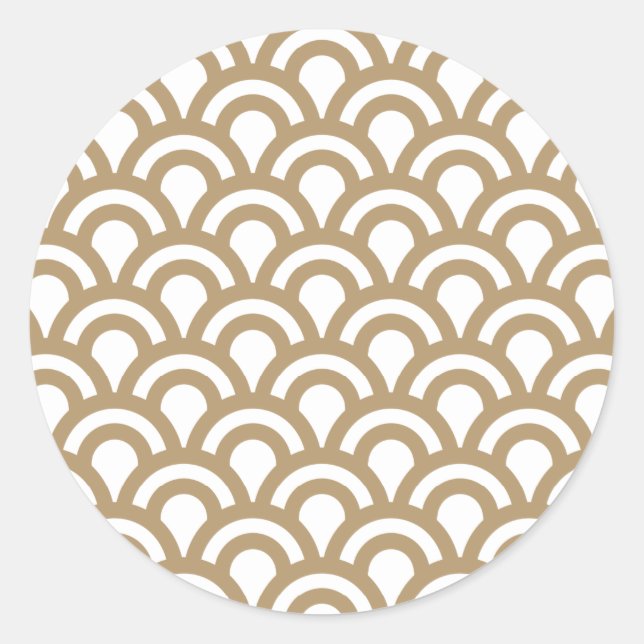Gold and White Art Deco Fish Scale Pattern Classic Round Sticker (Front)
