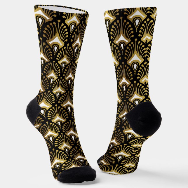 Gold and white Art Deco pattern 4 on black  Socks (Angled)