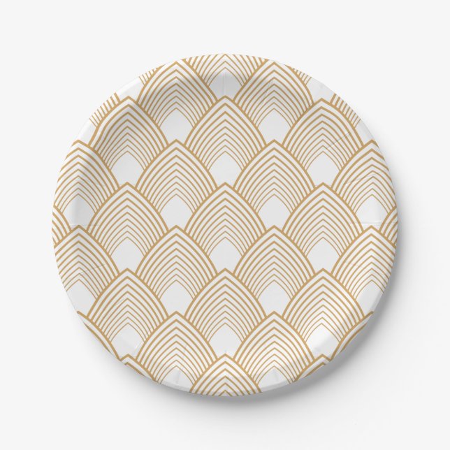 Gold and White Art Deco Pattern Paper Plate (Front)