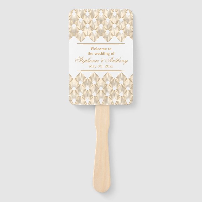 Gold and White Art Deco Pattern Wedding Hand Fan (Front)