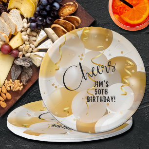 Gold and White Balloons Birthday Paper Plate