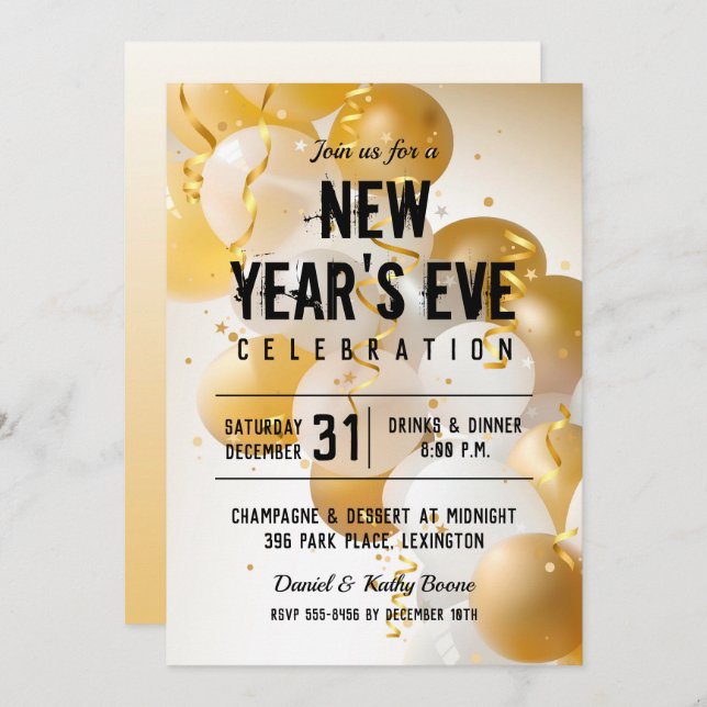 Gold and White Balloons New Year's Eve Invitation (Front/Back)
