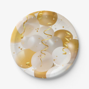 Gold and White Balloons Party Paper Plate
