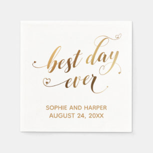 Gold and White Best Day Ever, Hearts Script Napkin