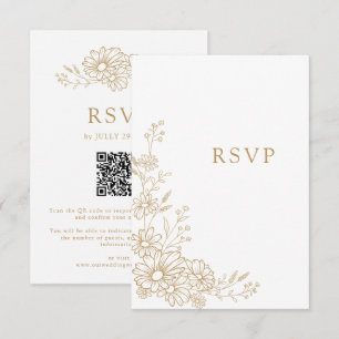 Gold and White Botanical Daisy QR Code Wedding RSVP Card