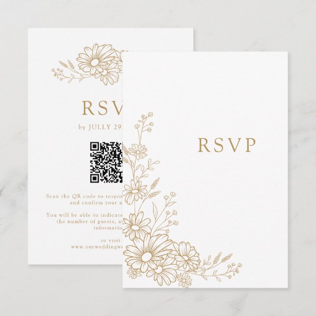 Gold and White Botanical Daisy QR Code Wedding RSVP Card (Front/Back)