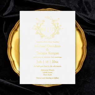 gold and white botanical monogram wedding foil invitation postcard