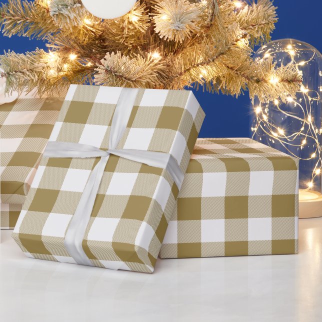 Gold and White Buffalo Plaid Wrapping Paper (Holidays)