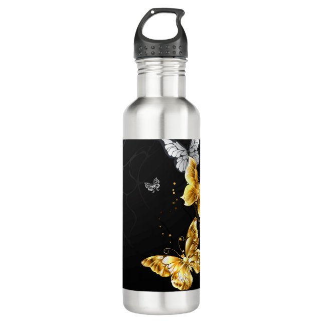 Gold and white butterflies 710 ml water bottle (Front)