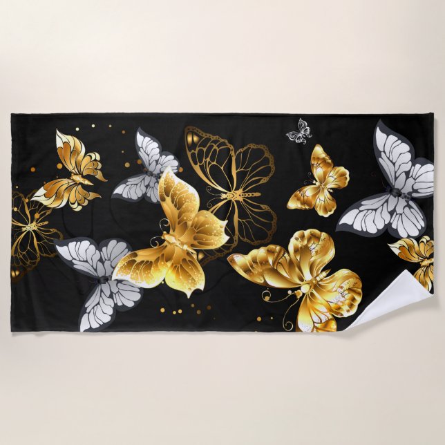 Gold and white butterflies beach towel (Front)