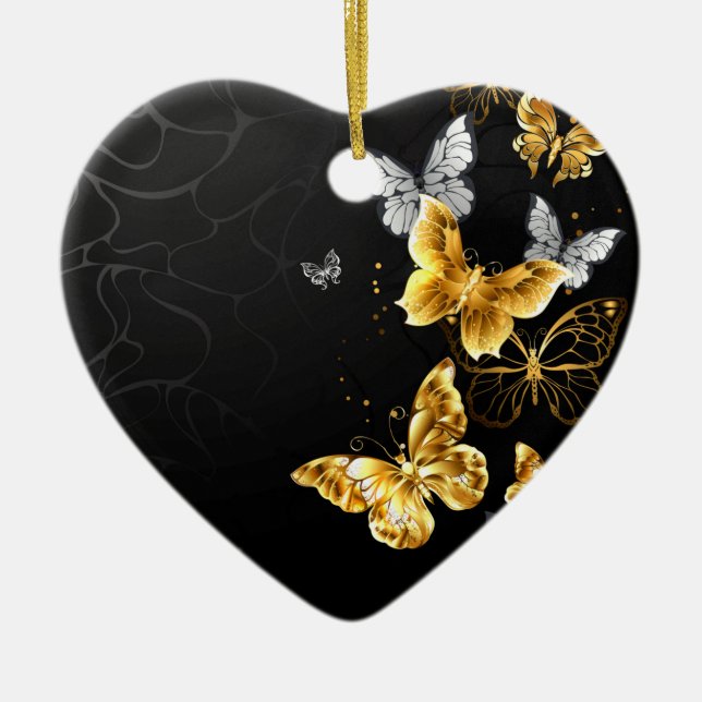 Gold and white butterflies ceramic tree decoration (Front)
