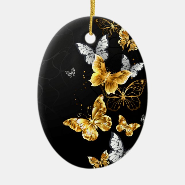 Gold and white butterflies ceramic tree decoration (Front)