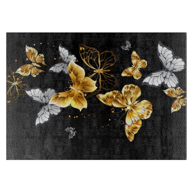 Gold and white butterflies cutting board (Front)