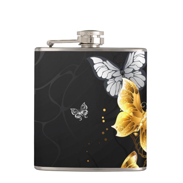 Gold and white butterflies hip flask (Front)