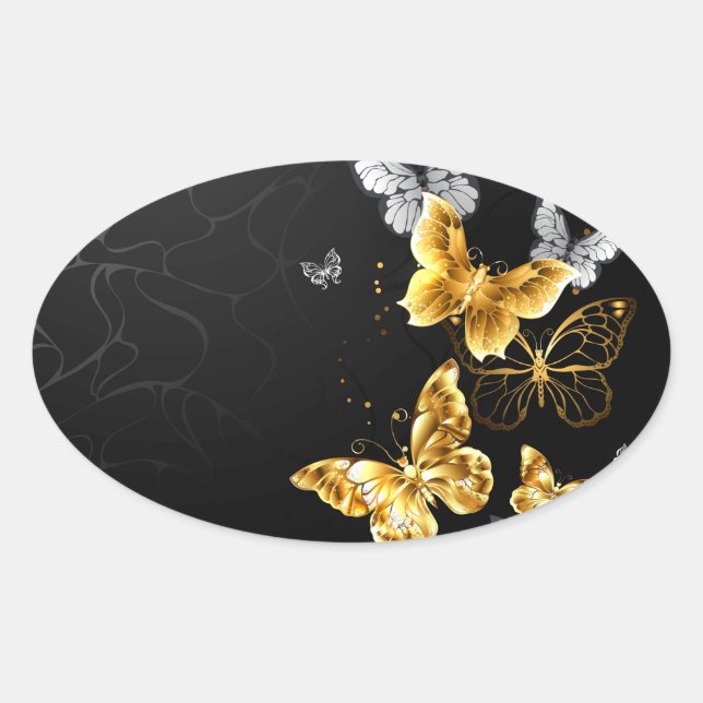 Gold and white butterflies oval sticker (Front)