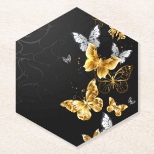 Gold and white butterflies paper coaster
