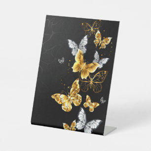 Gold and white butterflies pedestal sign